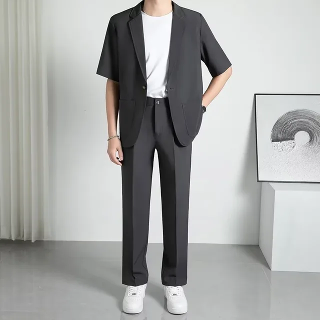 Fashionable All matching Handsome Half Sleeve Small Suit Suit Dark Gray Sets - Shop at LoveMi