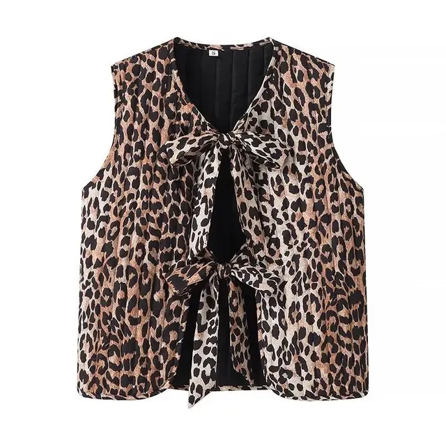 Women's European And American Style Leopard Print Vest Leopard Quilted Vest Sleeveless Tie Front Shirts Vest Cardigan Trendy Streetwear Leopard Print - Shop at LoveMi