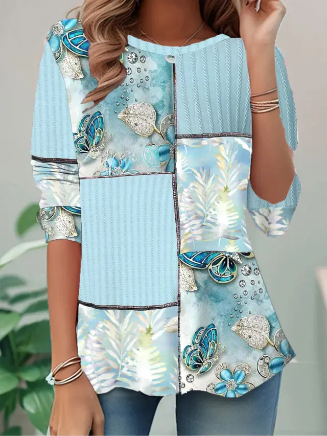 European And American Long Sleeve Round Neck Retro Plaid Style Light Blue - Shop at LoveMi