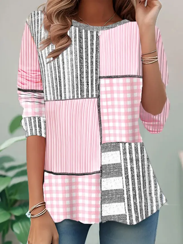 European And American Long Sleeve Round Neck Retro Plaid Style Pink - Shop at LoveMi