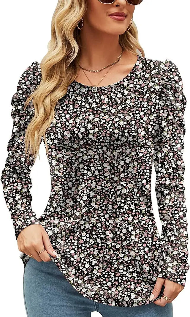 Printed Round Neck Long Sleeve Waist Top Color 4 - Shop at LoveMi