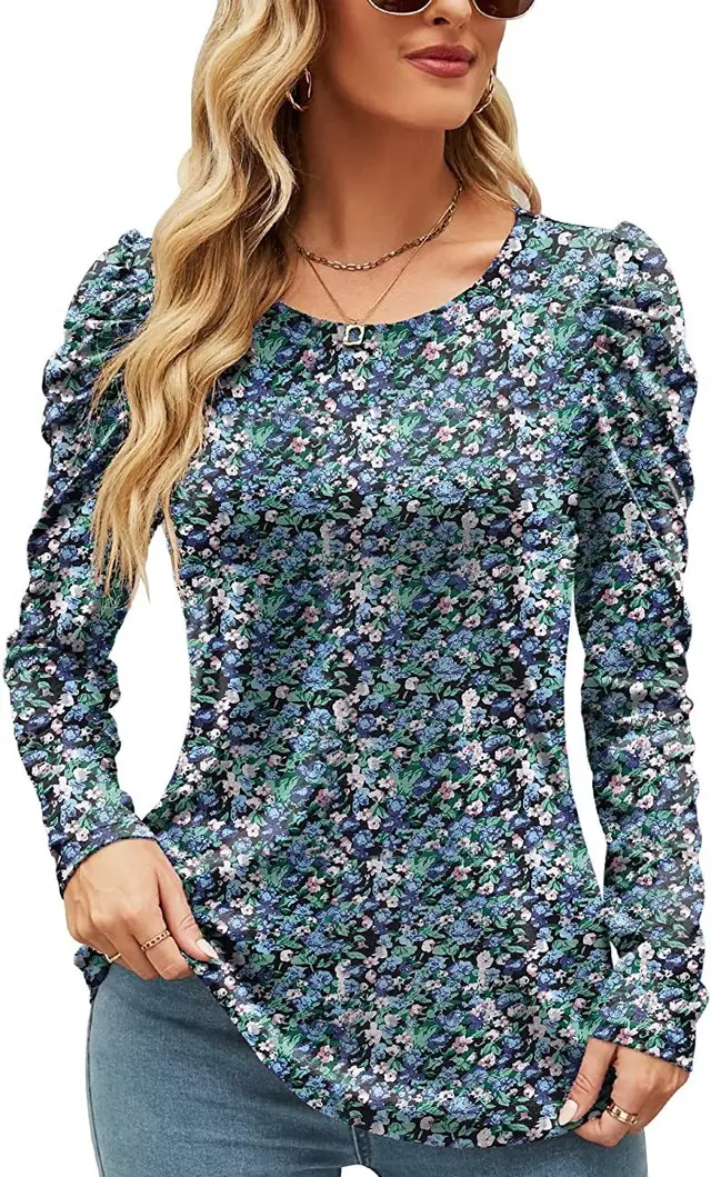 Printed Round Neck Long Sleeve Waist Top Floral 1 - Shop at LoveMi