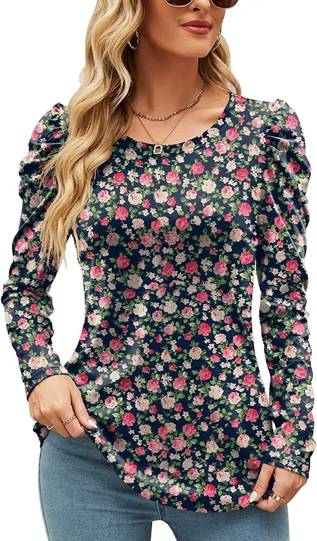 Printed Round Neck Long Sleeve Waist Top Flower Color 2 - Shop at LoveMi