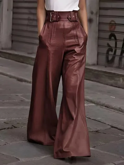 Fashion Leather High Waist Pocket Casual Trousers Wine Red - Shop at LoveMi