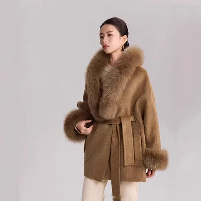 Autumn And Winter Temperament Real Fox Fur Double sided Wool Coat Woolen Coat Khaki - Shop at LoveMi