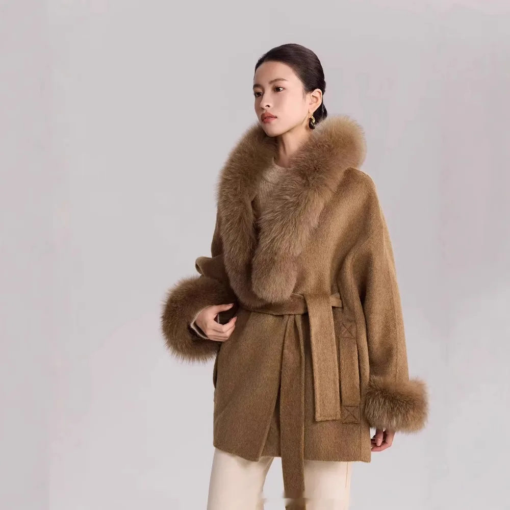 Autumn And Winter Temperament Real Fox Fur Double-sided Wool Coat Woolen Coat - Khaki