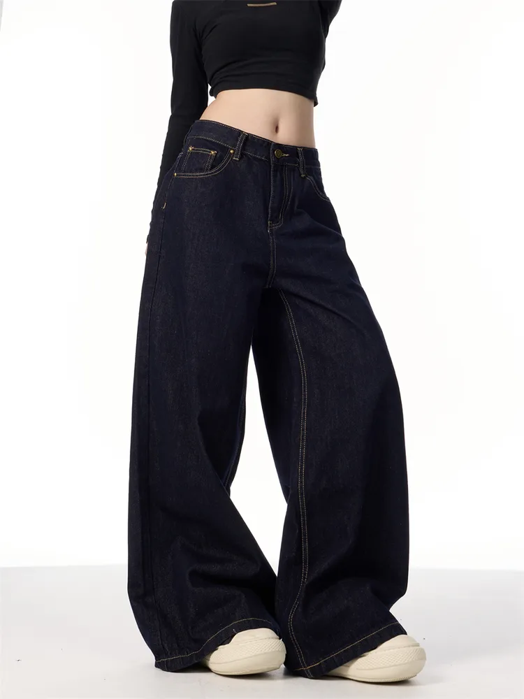 American Retro Wide Leg Dark Blue Jeans Black - Shop at LoveMi