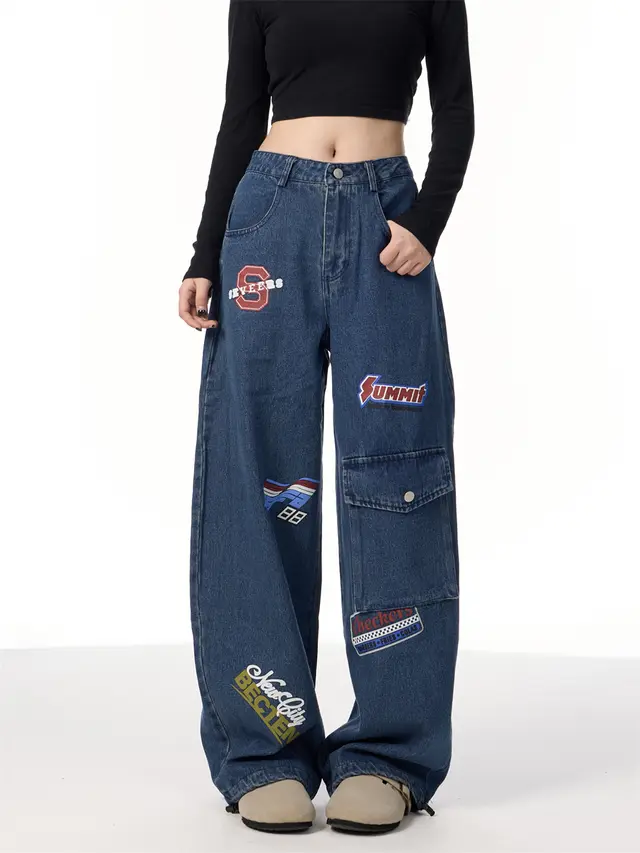 American Retro Stamp Printing Cargo Jeans Blue - Shop at LoveMi
