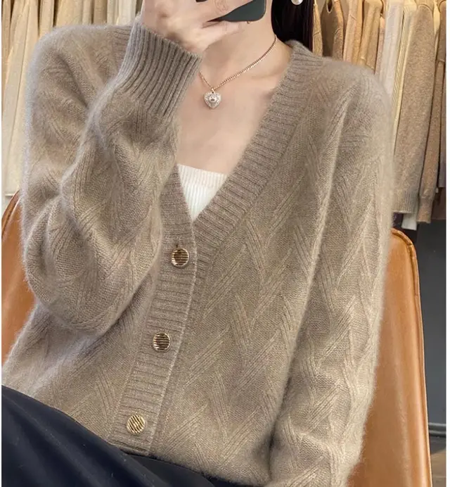 Knitted Wool Cardigan Women's V neck Solid Color Baggy Coat Raw Velvet Camel - Shop at LoveMi