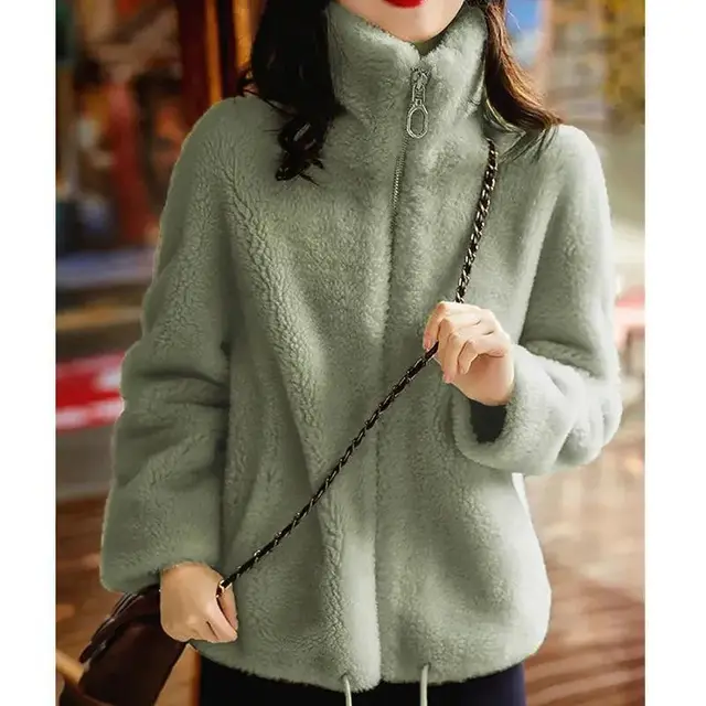 Winter Fleece Padded Coat Women's Zipper Cardigan Double sided Velvet Thermal Turtleneck Sweater Light Green - Shop at LoveMi