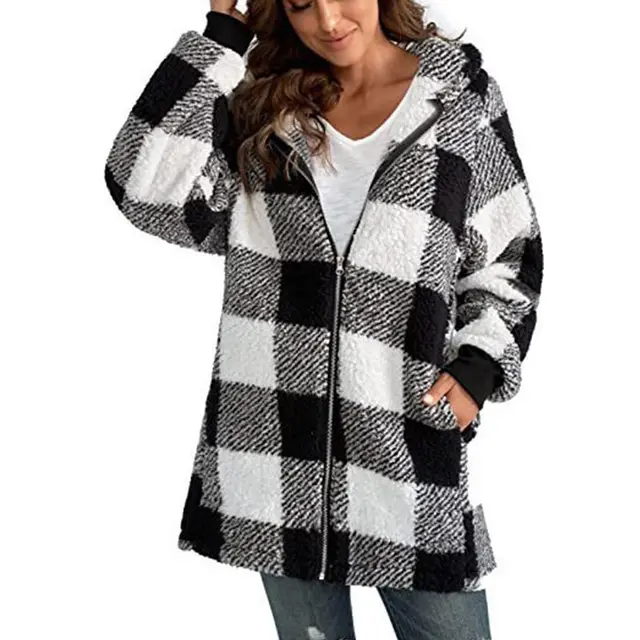 European Velvet Women's Long sleeved Plaid Hooded Zipper With Pockets Baggy Coat Black - Shop at LoveMi