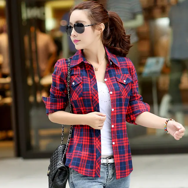 Korean Style Plaid Women's Autumn Clothing Slim Women Loose Cotton Long Sleeve Shirt 88661 Red Blue - Shop at LoveMi