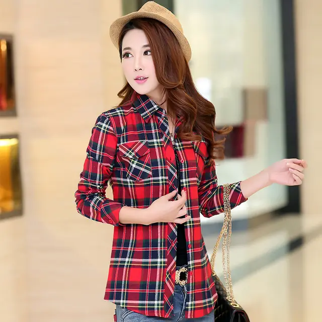 Korean Style Plaid Women's Autumn Clothing Slim Women Loose Cotton Long Sleeve Shirt 886611 Red Yellow Blue - Shop at LoveMi
