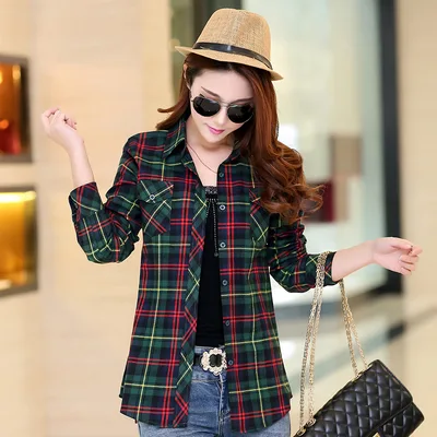 Korean Style Plaid Women's Autumn Clothing Slim Women Loose Cotton Long Sleeve Shirt 886620 Green Red - Shop at LoveMi
