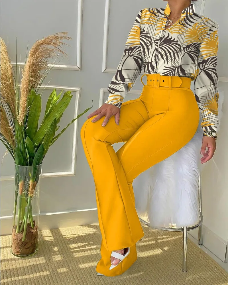 New Casual Fashion Set Women's Clothing Belted - Yellow