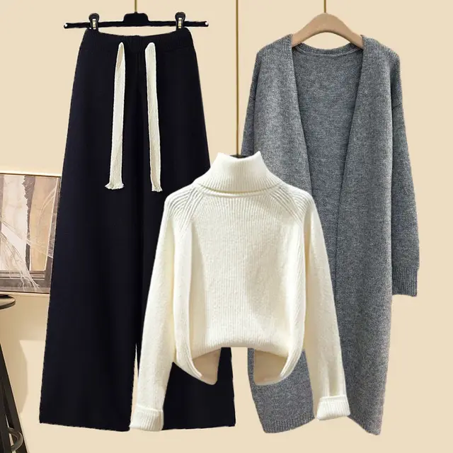 Idle Style Three piece Set Thick Turtleneck Sweater Wide Leg Pants Wear Long Cardigan Jacket Slimming Style Three Pieces 11 - Shop at LoveMi