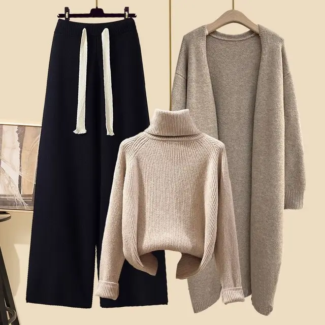 Idle Style Three piece Set Thick Turtleneck Sweater Wide Leg Pants Wear Long Cardigan Jacket Slimming Style Three Pieces 2 - Shop at LoveMi