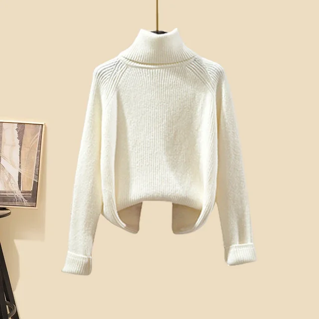 Idle Style Three piece Set Thick Turtleneck Sweater Wide Leg Pants Wear Long Cardigan Jacket Slimming White Sweater - Shop at LoveMi