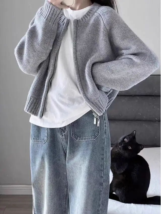 Loose Thickened Zipper Cardigan Long sleeved Knitted Top Gray - Shop at LoveMi