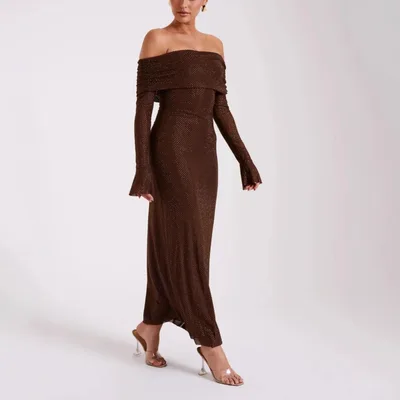 Sexy Luxury Strapless Long Sleeve Slim Rhinestone Noble Dress Brown - Shop at LoveMi
