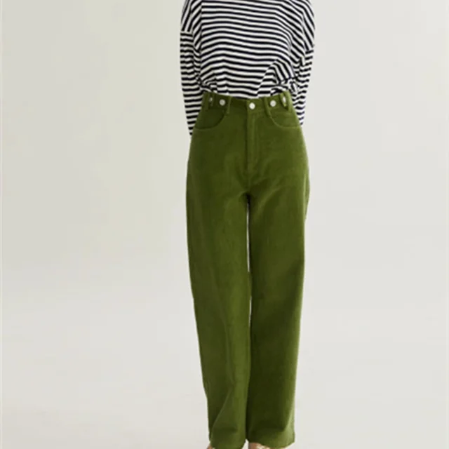 Green Corduroy All match Slim High Waist Straight Pants Green - Shop at LoveMi
