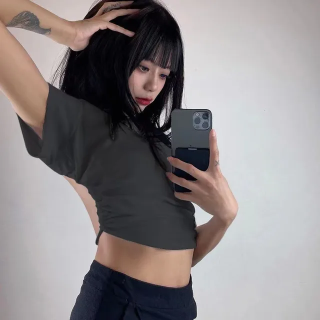 Backless Lace Up Slim Fit Waist exposure T shirt Women's Summer Pure Desire Bare Back Dark Gray - Shop at LoveMi