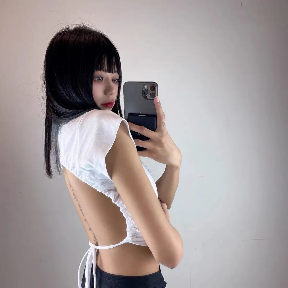Backless Lace Up Slim Fit Waist-exposure T-shirt Women's Summer Pure Desire - Bare Back White - View 1