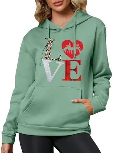 Women's Pattern Hoodie Heart Shape Printed Drawstring Pullover Top Mint Green Letters - Shop at LoveMi