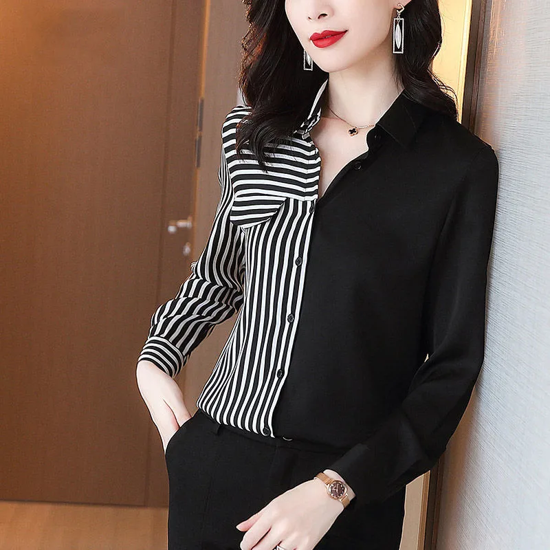 Korean Style Striped Color Matching Shirt Fashion Loose Black Stripes - Shop at LoveMi