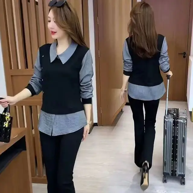 Western Style Youthful looking Fake Two Pieces Shirts Ladies Black Plaid - Shop at LoveMi
