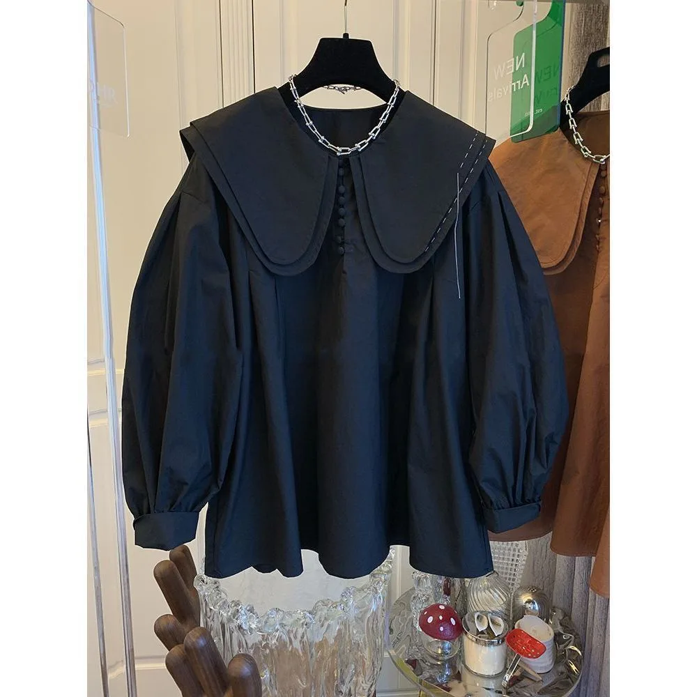 Women's Doll Collar Lantern Sleeve Shirt Top Black - Shop at LoveMi