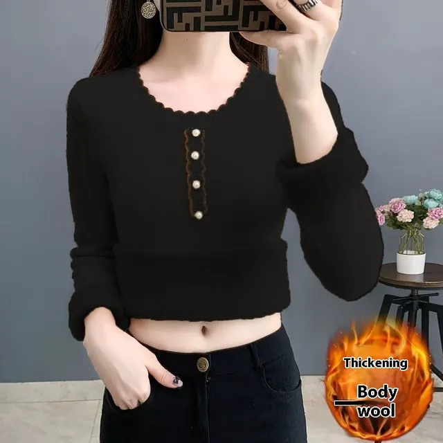 Fleece lined Thickened Round Neck Sweater Women's Autumn And Winter Integration Black - Shop at LoveMi