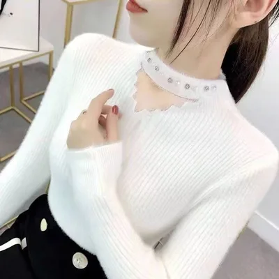 Lace Collar Hollow out Rhinestone Pullover Sweater White - Shop at LoveMi