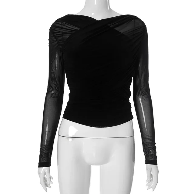 Women's Pleated Long sleeved T shirt Top Black - Shop at LoveMi