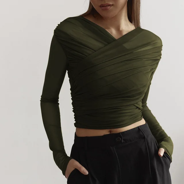 Women's Pleated Long sleeved T shirt Top Green - Shop at LoveMi