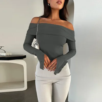 Off shoulder Long Sleeve Top Gray - Shop at LoveMi