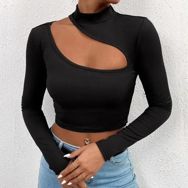 Trendy Unique Hollow Small Turtleneck Long Sleeve T shirt Black - Shop at LoveMi