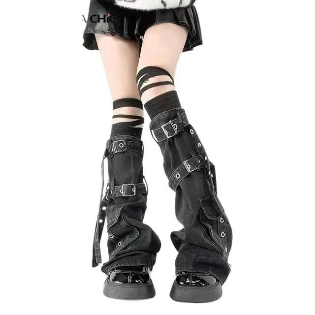 Metal Buckle Strap Workwear With Pocket Denim Leg Warmer Black - Shop at LoveMi