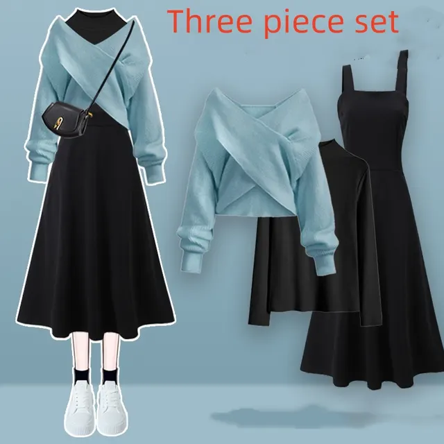 New Cross Sweater With Bottoming Shirt Dress Three piece Set Blue - Shop at LoveMi