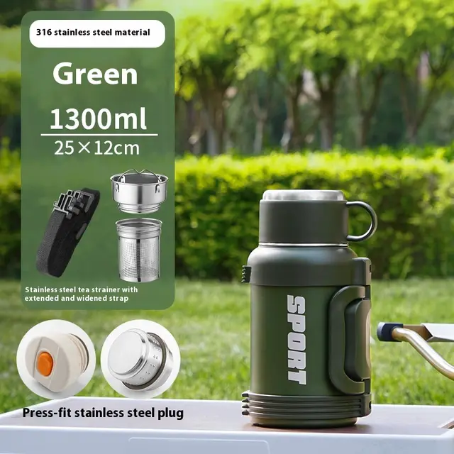 Large Capacity Vacuum Cup Stainless Steel Household Graphite Green 1300Ml - Shop at LoveMi
