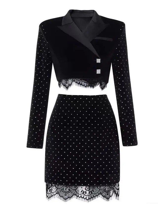 Spring And Summer Women's Velvet Lace Light Diamond Suit Dress Black - Shop at LoveMi