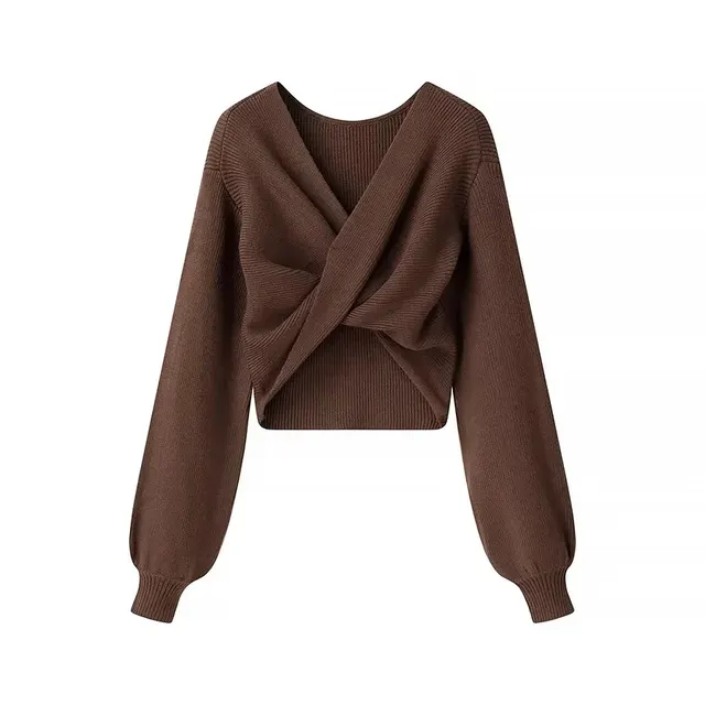 Women's Fashion Cross Design Knitted Pullover Sweater Brown - Shop at LoveMi