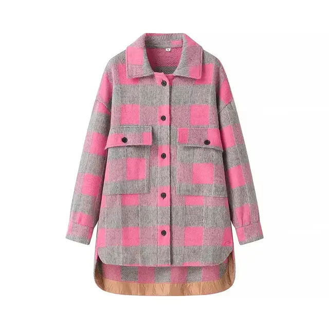 Women's Retro Plaid Loose Turn down Collar Coat Pink Plaid - Shop at LoveMi