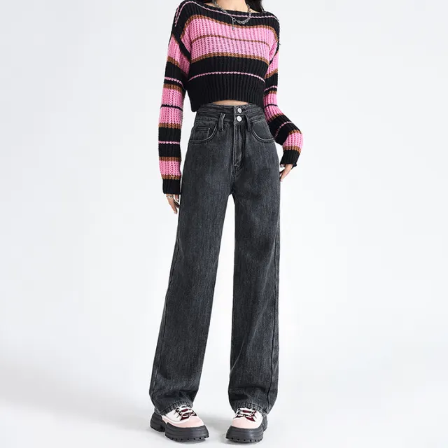 Women's Thick High Waist Double Buckle Loose Straight Jeans 9671 Black And Gray Ninth Pant - Shop at LoveMi
