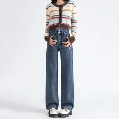 Women's Thick High Waist Double Buckle Loose Straight Jeans 9671 Retro Blue Ninth Pants - Shop at LoveMi