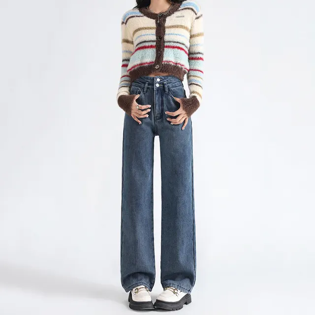 Women's Thick High Waist Double Buckle Loose Straight Jeans 9671 Retro Blue Ninth Pants - Shop at LoveMi