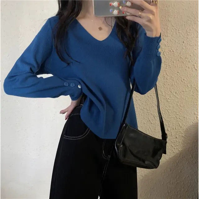 All match V neck Long sleeved Bottoming Sweater For Women Blue - Shop at LoveMi