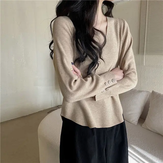 All match V neck Long sleeved Bottoming Sweater For Women Oatmeal Color - Shop at LoveMi