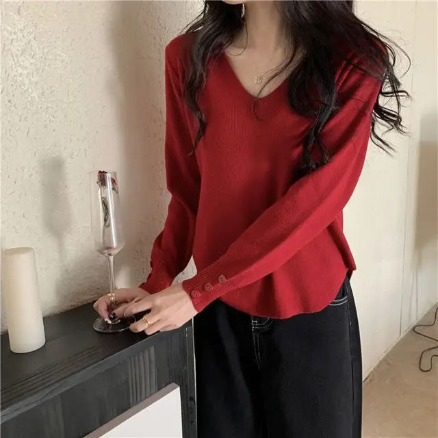 All match V neck Long sleeved Bottoming Sweater For Women Red - Shop at LoveMi