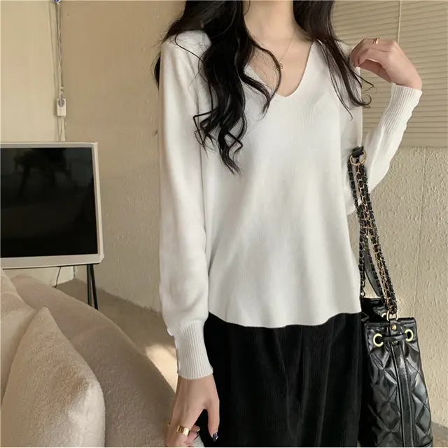 All match V neck Long sleeved Bottoming Sweater For Women White - Shop at LoveMi